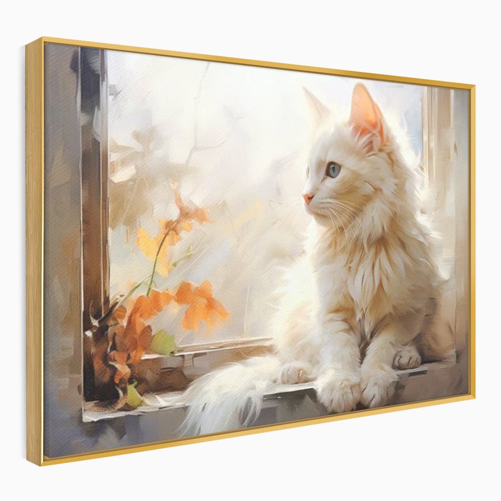 Tablou canvas cu tablou canvas cu pisica alba la fereastra, in rama de aluminiu auriu